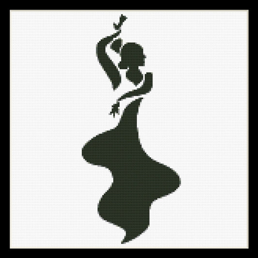  A silhouette of a flamenco dancer in a black dress, posed in a dancing stance against a white background.  