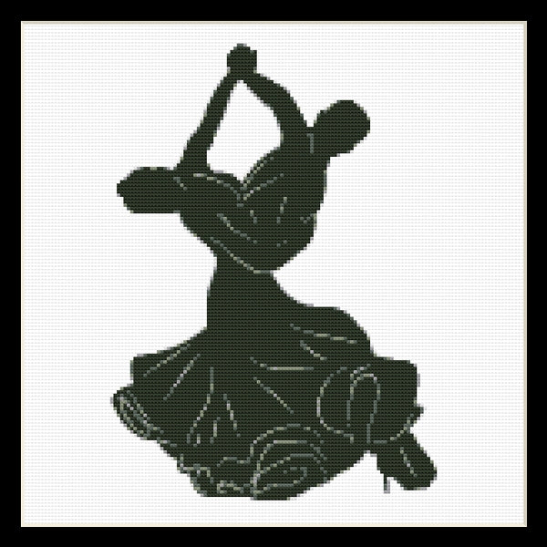 Counted Cross Stitch Pattern by Cross Stitch Collectibles of a silhouette of a flamenco dancer in black and white colors.