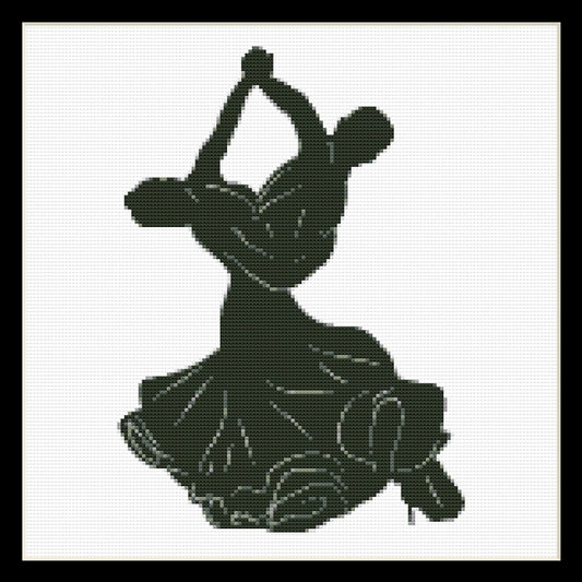Counted Cross Stitch Pattern by Cross Stitch Collectibles of a silhouette of a flamenco dancer in black and white colors.