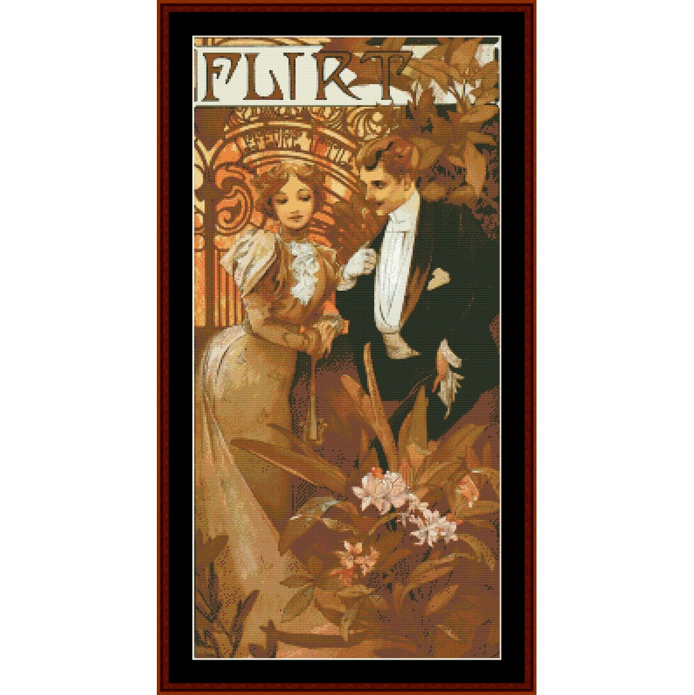 Vintage-style poster Counted Cross Stitch Pattern by Cross Stitch Collectibles with a couple and floral elements, featuring the word 'Flirt'.
