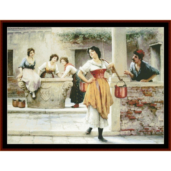 Counted Cross Stitch Pattern by Cross Stitch Collectibles of a woman with a red bucket standing on stone steps with other people in an urban setting.