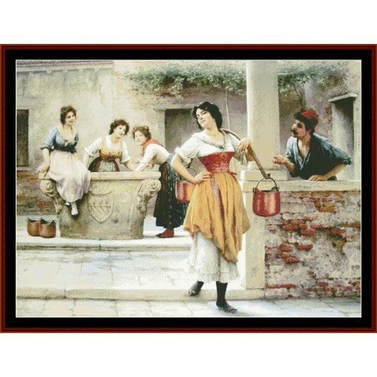 Counted Cross Stitch Pattern by Cross Stitch Collectibles of a woman with a red bucket standing on stone steps with other people in an urban setting.