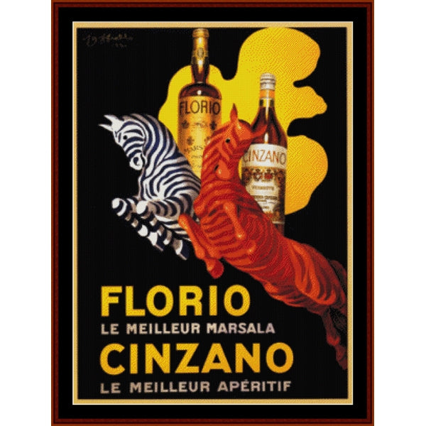 Vintage-style advertisement poster Counted Cross Stitch Pattern by Cross Stitch Collectibles for Florio and Cinzano with animals and bottles.