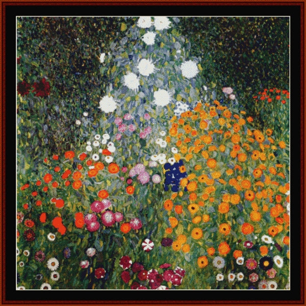 Colorful floral garden Counted Cross Stitch Pattern by Cross Stitch Collectibles with a variety of flowers in a stylized manner.