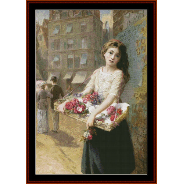Vintage-style Counted Cross Stitch Pattern by Cross Stitch Collectibles of a woman with flowers in an urban setting