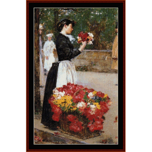 Counted Cross Stitch Pattern by Cross Stitch Collectibles of a woman holding flowers with a basket of flowers in the foreground