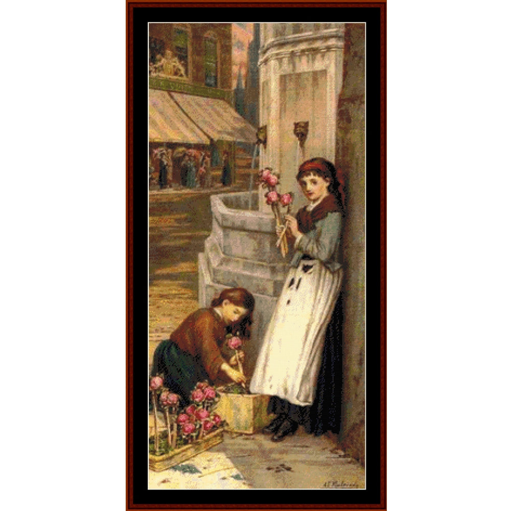 Vintage Counted Cross Stitch Pattern by Cross Stitch Collectibles of two women by a fountain with flowers.
