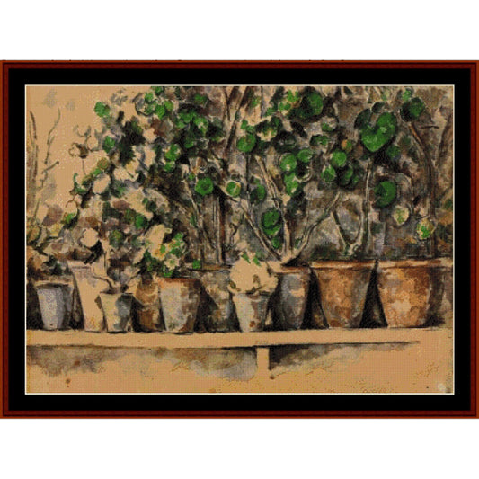 Counted Cross Stitch Pattern by Cross Stitch Collectibles of potted plants on a shelf with a textured background