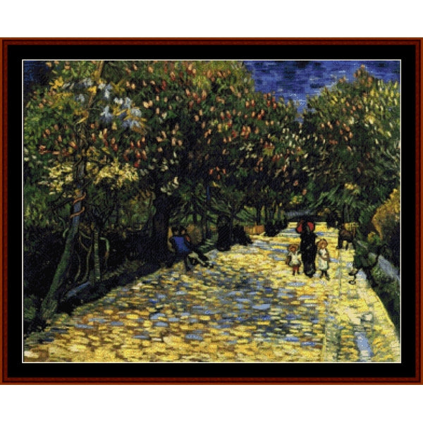 Counted Cross Stitch Pattern by Cross Stitch Collectiblesof a path through an orchard with people walking