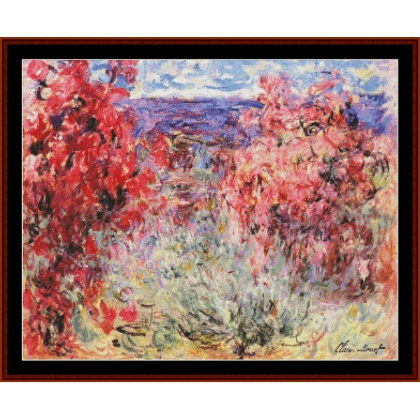Colorful abstract Counted Cross Stitch Pattern by Cross Stitch Collectibles with red and pink flowers and a landscape.