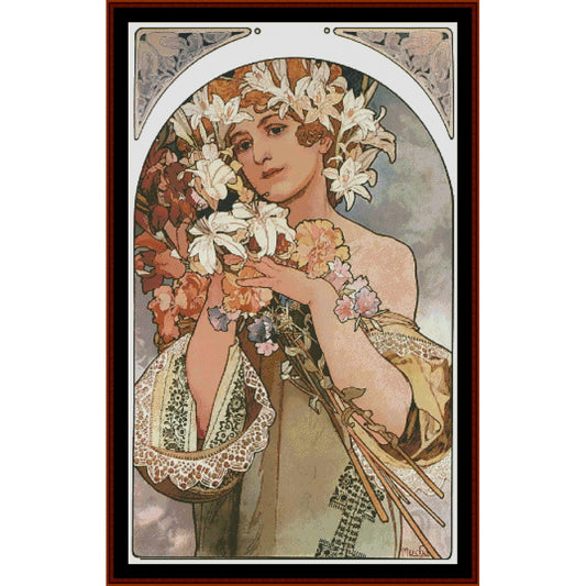 Art Nouveau-style Counted Cross Stitch Pattern by Cross Stitch Collectibles of a woman with flowers, framed with decorative elements.