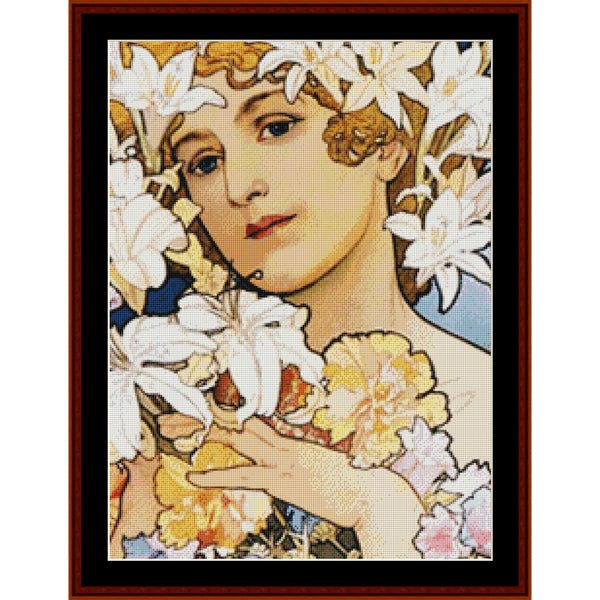 Counted Cross Stitch Pattern by Cross Stitch Collectibles of a woman surrounded by flowers