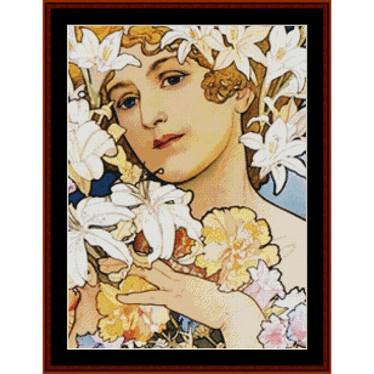 Counted Cross Stitch Pattern by Cross Stitch Collectibles of a woman surrounded by flowers