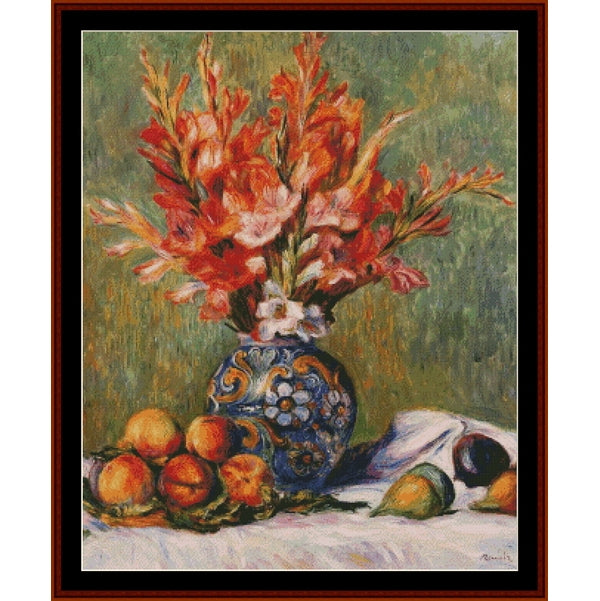Still life Counted Cross Stitch Pattern by Cross Stitch Collectibles with flowers in a vase and fruits on a table