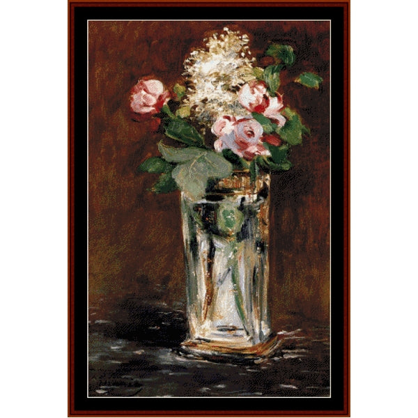Counted Cross Stitch Pattern by Cross Stitch Collectibles of a vase with flowers on a dark background