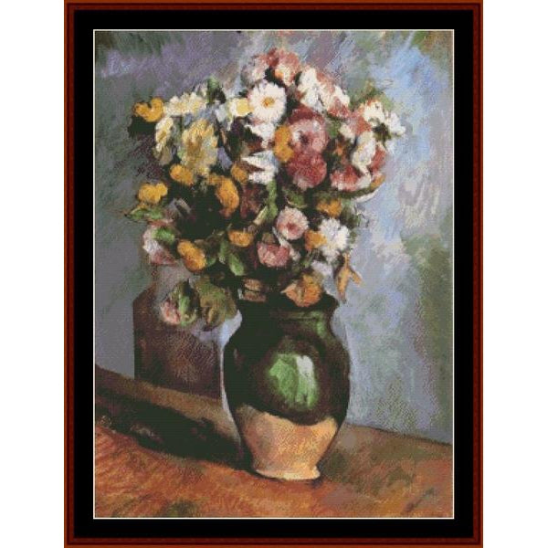 Counted Cross Stitch Pattern by Cross Stitch Collectibles of a bouquet of flowers in a vase on a table.