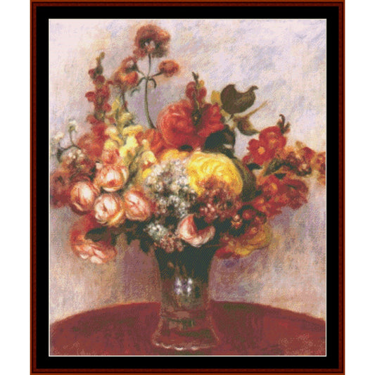 Counted Cross Stitch Pattern by Cross Stitch Collectibles - Floral arrangement in a vase on a red surface with a textured white background