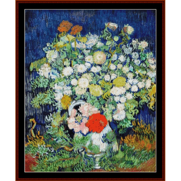   Floral arrangement with a child holding a red flower against a dark  blue background Counted Cross Stitch Pattern by Cross Stitch Collectibles