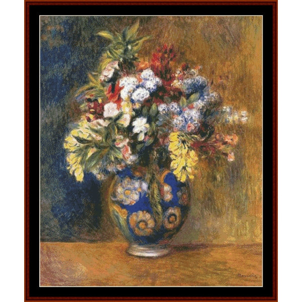 Counted Cross Stitch Pattern by Cross Stitch Collectibles of a bouquet of flowers in a decorative vase on a wooden surface.
