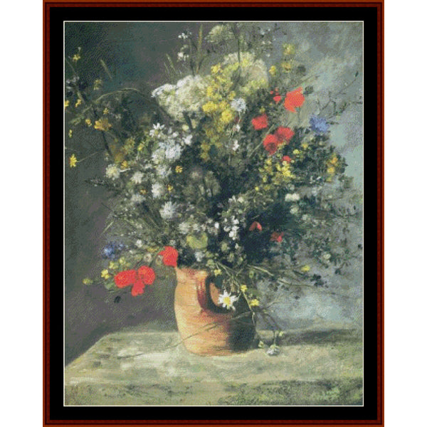 Still life Counted Cross Stitch Pattern by Cross Stitch Collectibles of a bouquet of flowers in a vase on a stone surface.