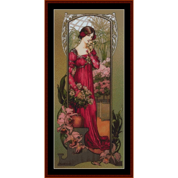 Decorative panel Counted Cross Stitch Pattern by Cross Stitch Collectibles with a woman in a red dress surrounded by flowers