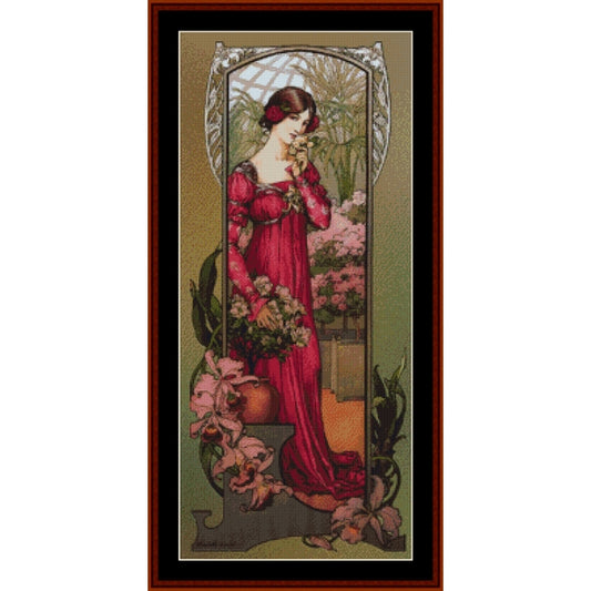 Decorative panel Counted Cross Stitch Pattern by Cross Stitch Collectibles with a woman in a red dress surrounded by flowers