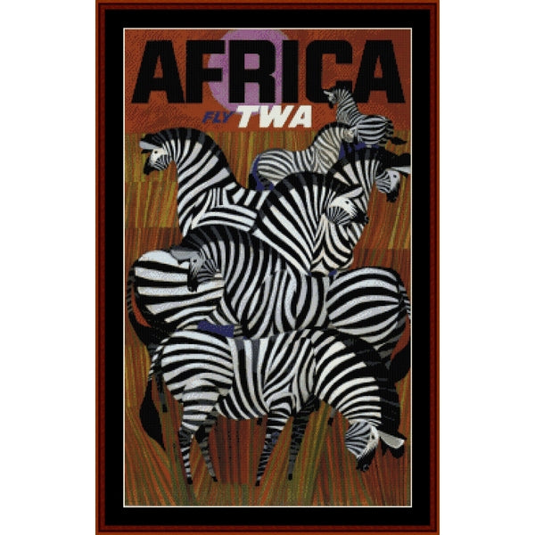 Vintage-style travel poster Counted Cross Stitch Pattern by Cross Stitch Collectibles with zebras and 'Fly TWA' text on a brown background