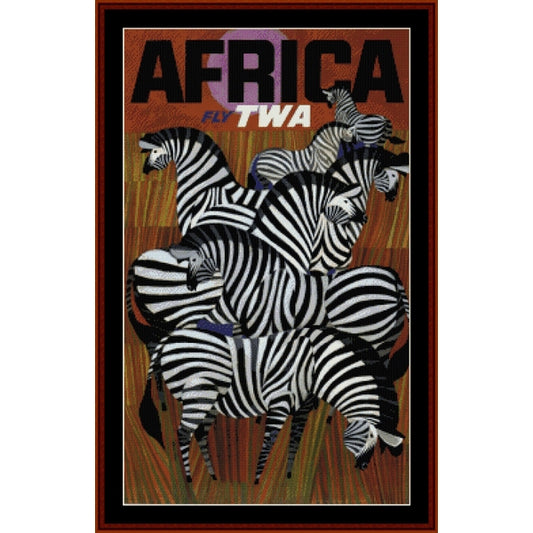 Vintage-style travel poster Counted Cross Stitch Pattern by Cross Stitch Collectibles with zebras and 'Fly TWA' text on a brown background