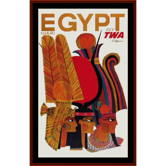Vintage travel poster Counted Cross Stitch Pattern by Cross Stitch Collectibles for Egypt with TWA branding featuring Egyptian-themed graphics.