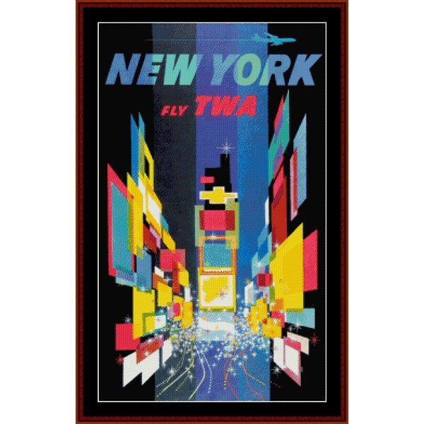 Vintage-style poster Counted Cross Stitch Pattern by Cross Stitch Collectibles advertising TWA flights to New York with colorful cityscape design.