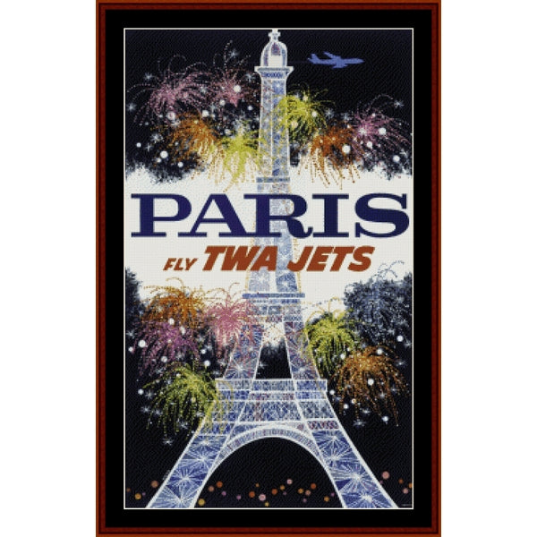 Vintage-style advertisement Counted Cross Stitch Pattern by Cross Stitch Collectibles for TWA Jets featuring the Eiffel Tower and fireworks.