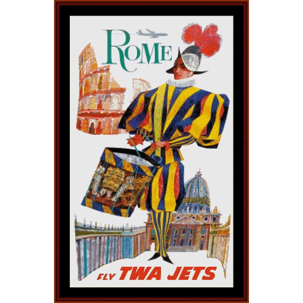 Vintage-style travel poster for Rome Counted Cross Stitch Pattern by Cross Stitch Collectibles featuring a character in colorful striped attire with architectural landmarks in the background.
