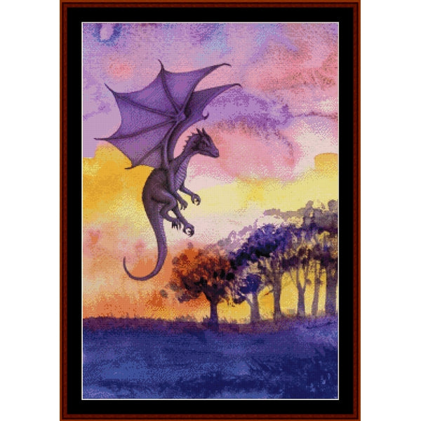 Dragon flying over a landscape with trees and a colorful sky - Counted Cross Stitch Pattern by Cross Stitch Collectibles