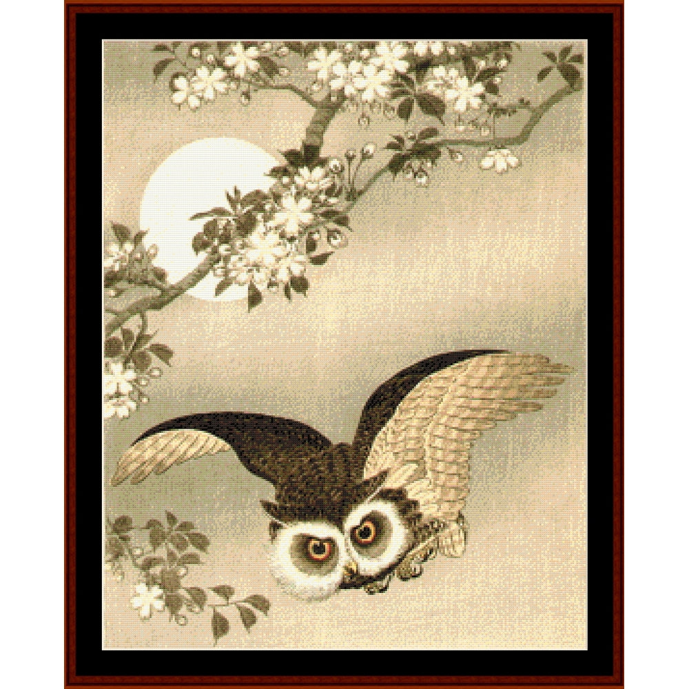 Owl with open wings in front of cherry blossoms and a moonlit sky - Counted Cross Stitch Pattern by Cross Stitch Collectibles
