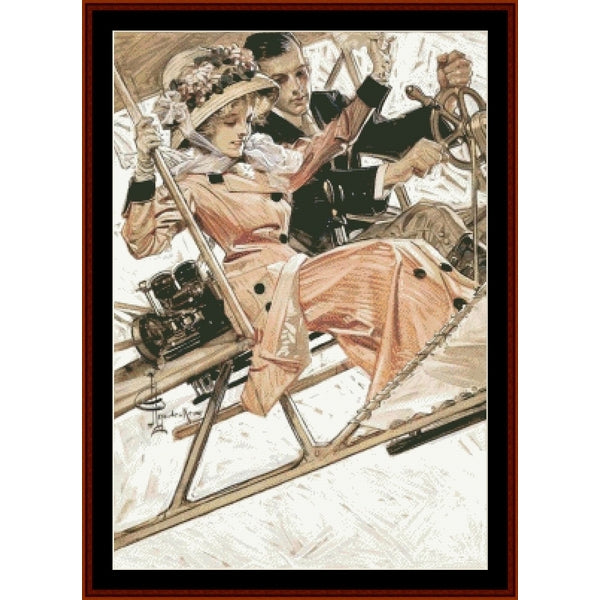 Vintage-style Counted Cross Stitch Pattern by Cross Stitch Collectibles of a couple on a sky lift