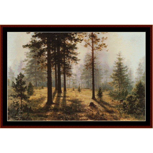 Counted Cross Stitch Pattern by Cross Stitch Collectibles of a forest scene with tall trees and a misty background.