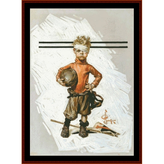 Vintage-style Counted Cross Stitch Pattern by Cross Stitch Collectibles of a boy in sports attire with a blindfold, holding sports equipment.