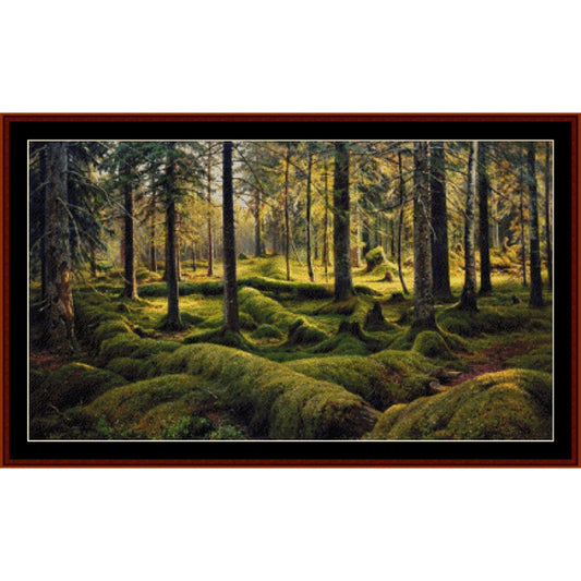 Counted Cross Stitch Pattern by Cross Stitch Collectibles of a forest scene with moss-covered ground and trees.