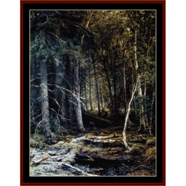 Counted Cross Stitch Pattern by Cross Stitch Collectibles of a forest scene with trees and underbrush.