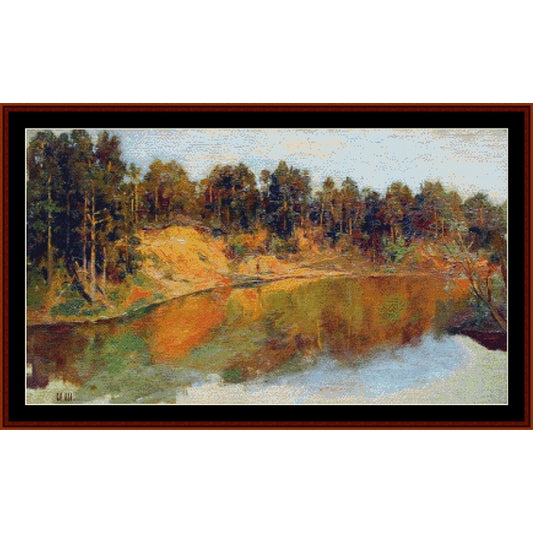 Counted Cross Stitch Pattern by Cross Stitch Collectibles of a river landscape with trees and a rocky shore.