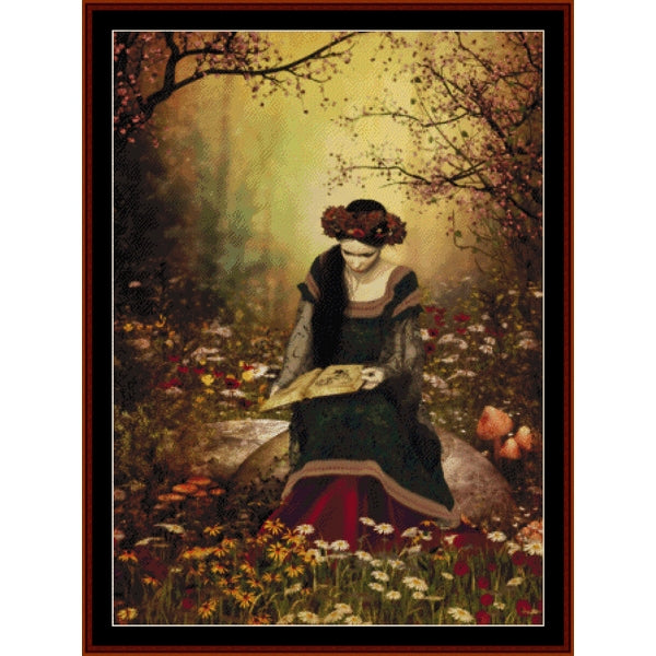 Woman in a dark dress sitting in a forest with flowers and a book Counted Cross Stitch Pattern by Cross Stitch Collectibles