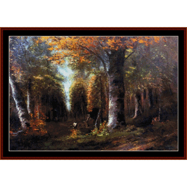 Counted Cross Stitch Pattern by Cross Stitch Collectibles of a forest scene with autumnal trees and a light source at the center.