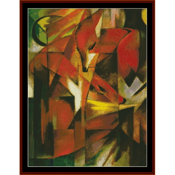 Abstract Counted Cross Stitch Pattern by Cross Stitch Collectibles of a fox with geometric shapes and vibrant colors.