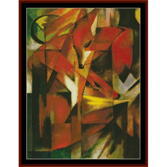 Abstract Counted Cross Stitch Pattern by Cross Stitch Collectibles of a fox with geometric shapes and vibrant colors.