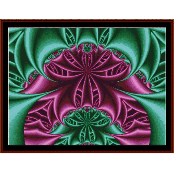 Fractal design with pink and green colors on a white background.  Counted Cross Stitch Pattern by Cross Stitch Collectibles