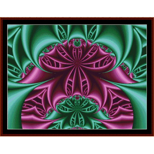 Fractal design with pink and green colors on a white background.  Counted Cross Stitch Pattern by Cross Stitch Collectibles
