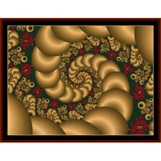 Counted Cross Stitch Pattern by Cross Stitch Collectibles of a fractal design with gold and red patterns on a green background