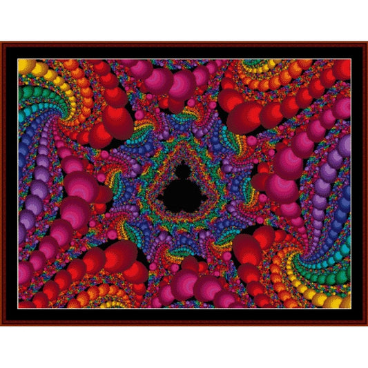 Colorful abstract Counted Cross Stitch Pattern by Cross Stitch Collectibles with swirling designs on a black background
