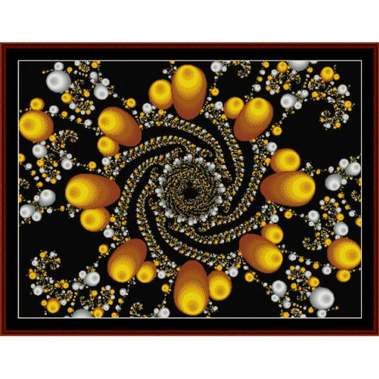 Spiral pattern with yellow, orange, and white shapes on a black background - Counted Cross Stitch Pattern by Cross Stitch Collectibles