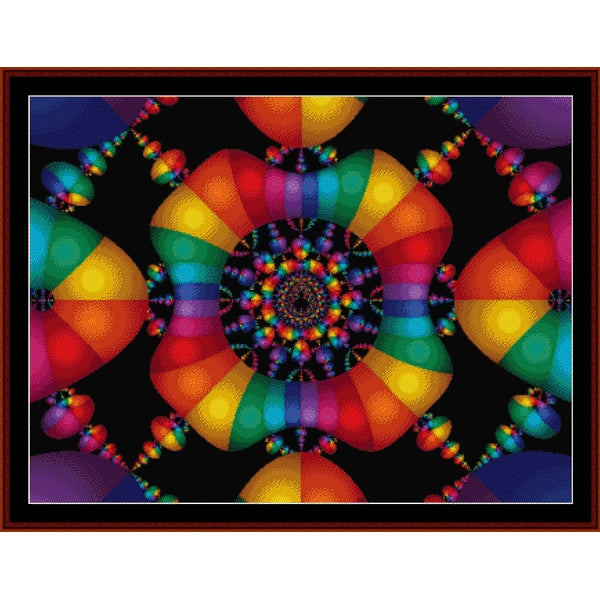 Colorful abstract Counted Cross Stitch Pattern by Cross Stitch Collectibles with a central spiral on a black background